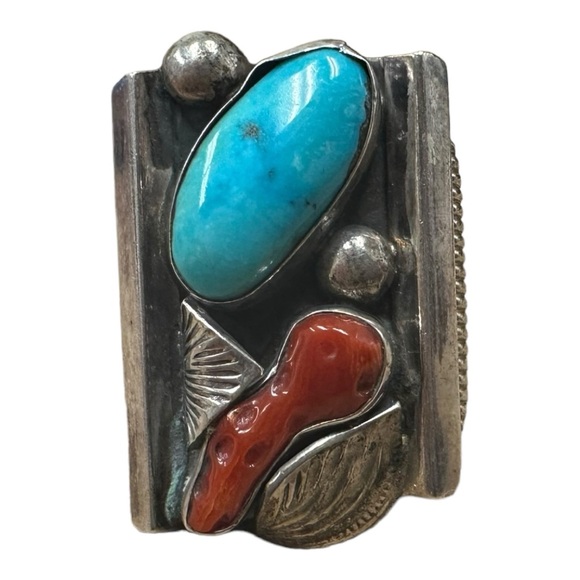 Vintage Navajo Sterling Silver Ring with Turquoise & Coral Size 9 - Picture 2 of 5